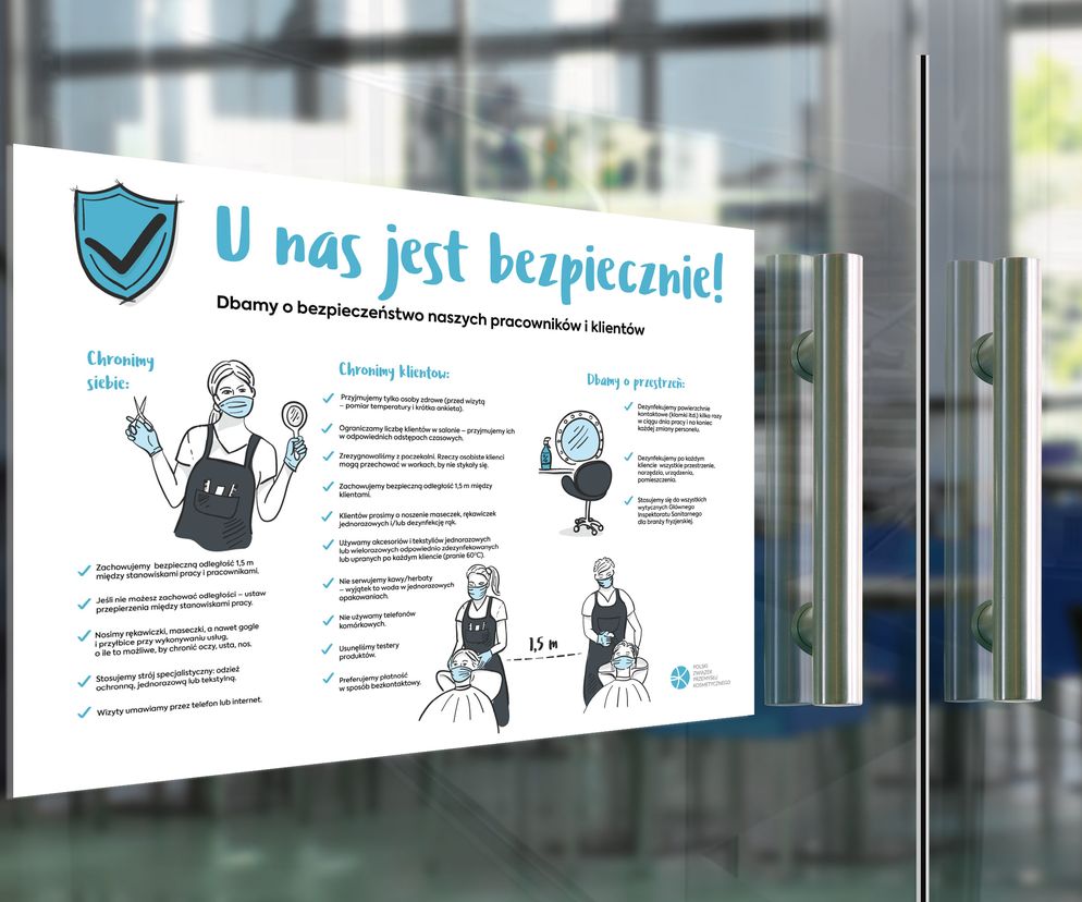 Infografika przedstawiająca wytyczne dla salonów fryzjerskich i kosmetycznych po lockdownie, dotyczące bezpieczeństwa pracowników i klientów, z hasłem U nas jest bezpiecznie!. Szczegółowe informacje o zasadach działania branży beauty po pandemii znajdziesz na Poradnik Zdrowie.