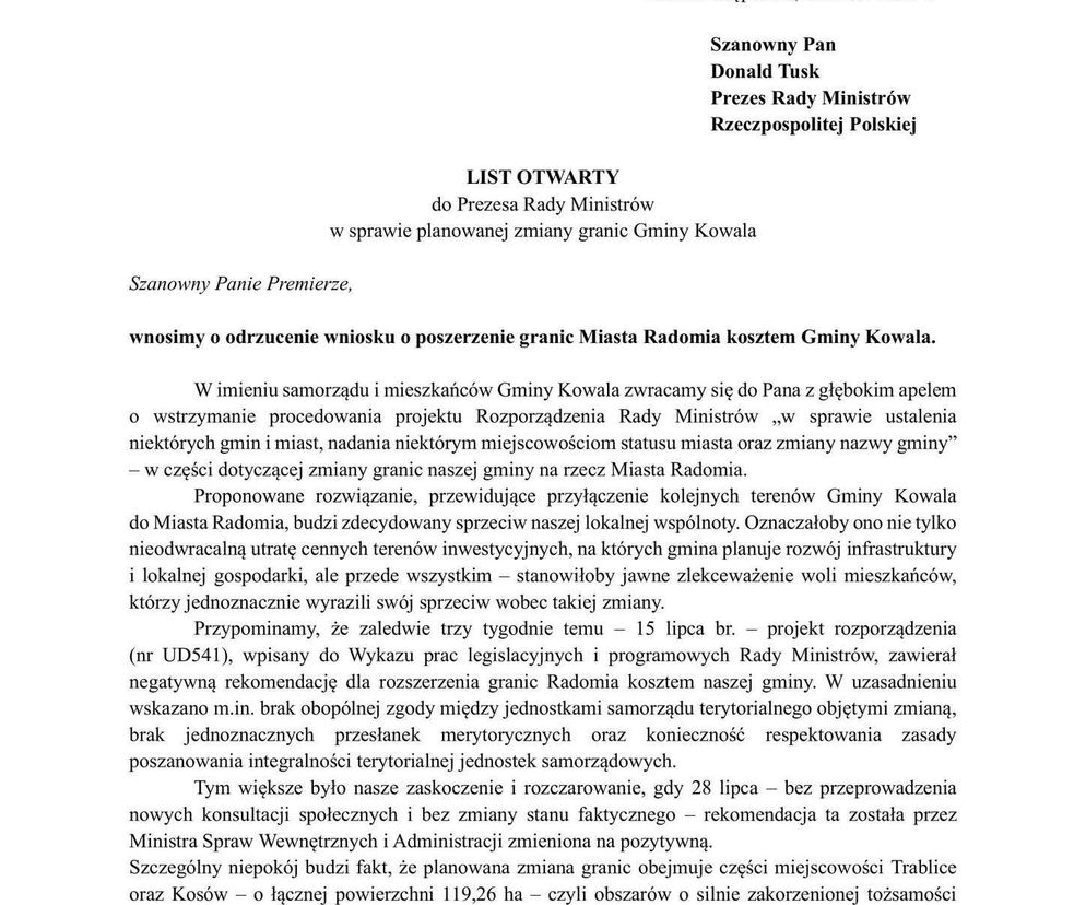 List otwarty wójta Wiesława Pachniewskiego do Prezesa Rady Ministrów