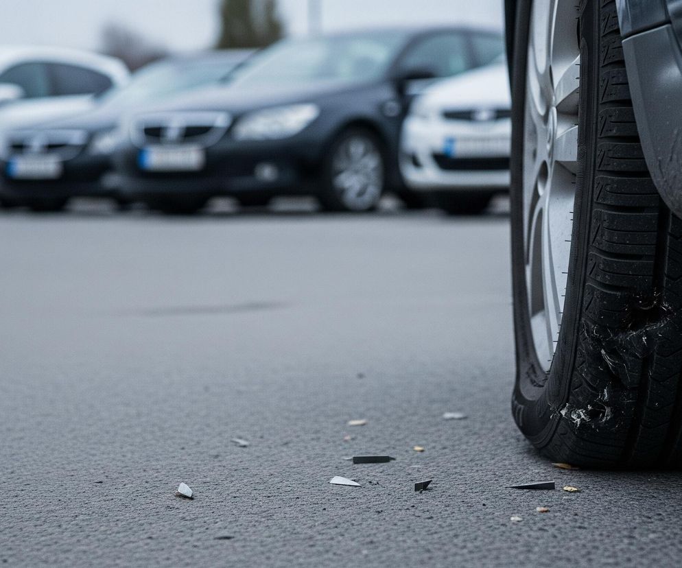 Prawy bok szarego samochodu osobowego z uszkodzoną oponą i felgą dominuje prawą stronę kadru. Na oponie widać liczne przetarcia i zniszczenia, a kawałki jasnego materiału (prawdopodobnie plastiku lub szkła) leżą na ciemnoszarym, asfaltowym podłożu tuż obok koła. W tle, rozmyte i niewyraźne, stoją w rzędzie inne samochody, w tym jeden biały i kilka ciemnych pojazdów, zaparkowane na podobnej nawierzchni.