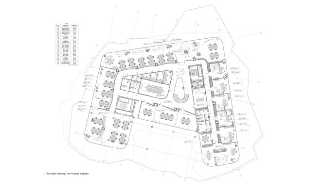 Brownfield - biurowiec na post-industrialnym terenie kopalni otoczonym przez sztuczne jeziora