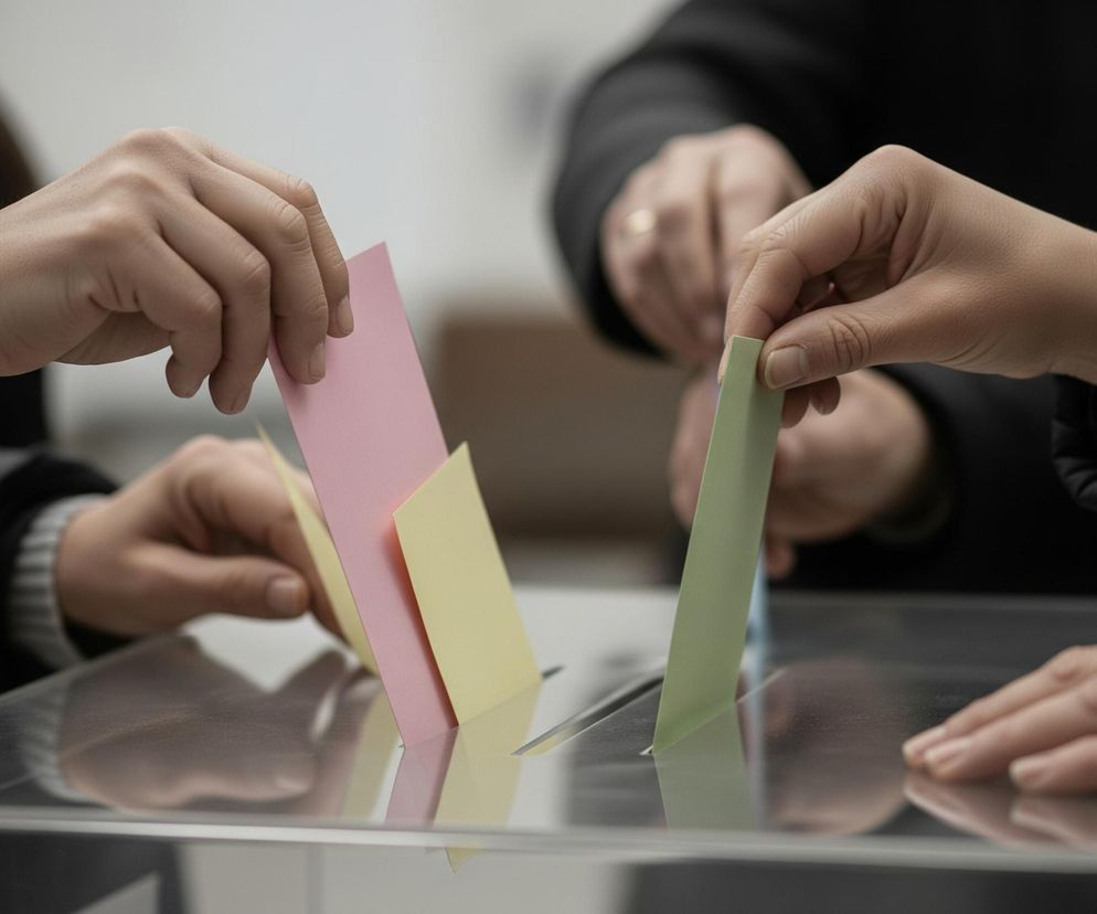 Kilka rąk wkłada kolorowe kartki do przezroczystej urny wyborczej. Po lewej stronie, dłoń ubrana w ciemną kurtkę z szarym rękawem wsuwa różową kartkę. Obok, inna dłoń również umieszcza w szczelinie żółtą kartkę. Po prawej, dłoń z obrączką na palcu wkłada zieloną kartkę do urny. Tło jest rozmyte, zdominowane przez ciemne ubrania postaci i jasnoszare elementy.