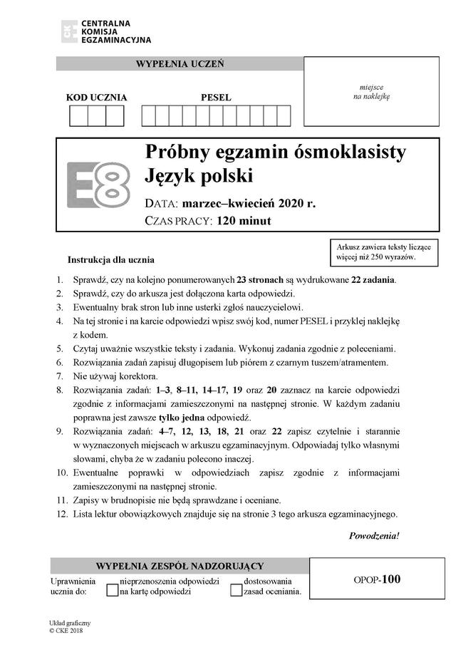 Próbny egzamin ósmoklasisty 2020. Arkusz z języka polskiego