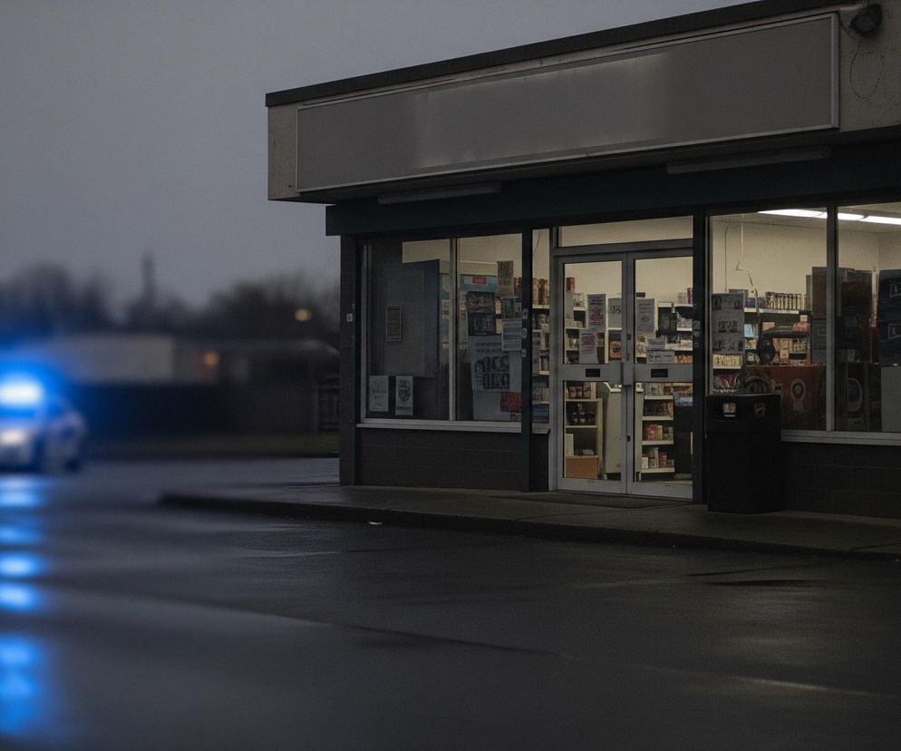 Przedstawiony jest budynek sklepu o płaskim dachu, z jasnym wnętrzem widocznym przez duże okna i przeszklone drzwi wejściowe. Na elewacji po prawej stronie od wejścia widnieje czerwono-pomarańczowy znak z napisem SUNIA. Na mokrej, ciemnej nawierzchni przed sklepem, po lewej stronie obrazu, widać rozmyty obraz samochodu policyjnego z wyraźnie świecącymi, niebieskimi światłami sygnalizacyjnymi, które odbijają się na mokrej drodze. Tło stanowi niewyraźny, szarobłękitny krajobraz z zarysami drzew, co wskazuje na wczesny wieczór lub pochmurny dzień.