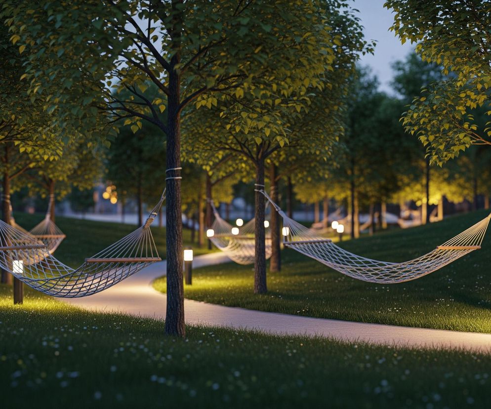 Wzdłuż krętej ścieżki, na zielonym trawniku, rozciąga się rząd drzew o gęstych, zielonych liściach. Pomiędzy pniami drzew zawieszone są siatkowe hamaki w jasnym kolorze. Ścieżka jest oświetlona ciepłym, żółtym światłem przez niskie latarnie stojące co jakiś czas obok niej. Jasne liście drzew są podświetlone od dołu, tworząc grę świateł i cieni. Cała scena jest utrzymana w tonacji wieczornej, z ciemniejszym, lecz wyraźnym tłem.