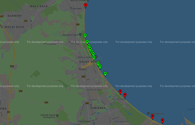 Sopot: Kąpieliska (czerwone - zamknięte / zielone - otwarte)