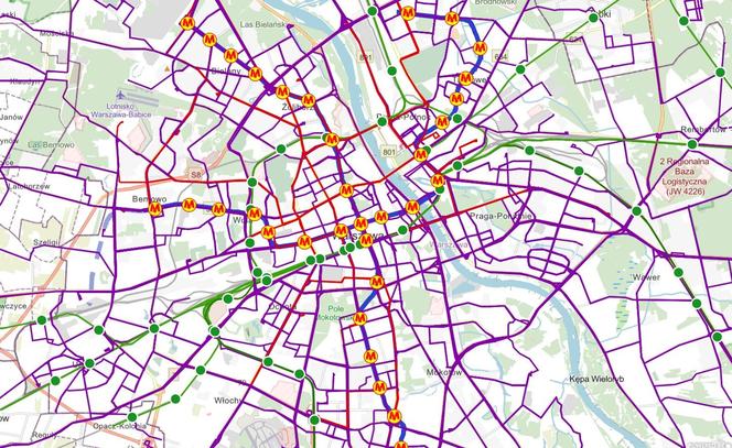 Mapa dostępności środków transportu w Warszawie