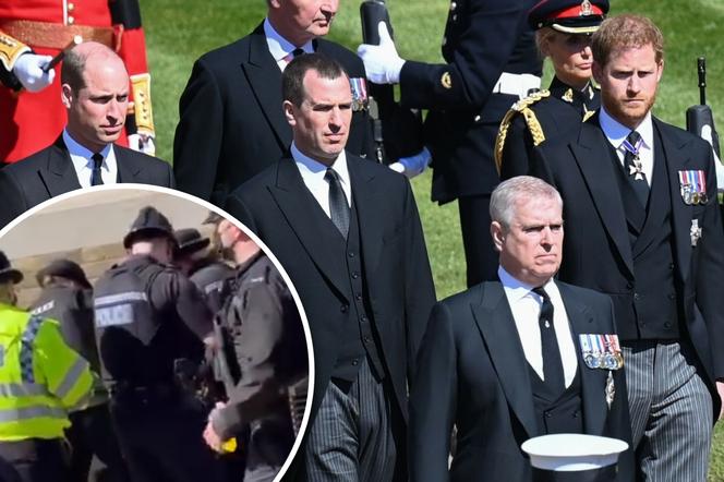 Pogrzeb księcia Filipa - rozebrana kobieta przed zamkiem Windsor
