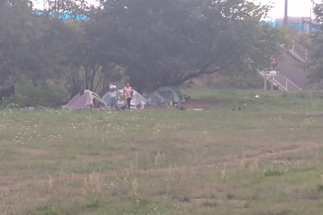 Obóz koczowniczy przy Stawie Płaszowskim. Pozostawili po sobie pełno śmieci.