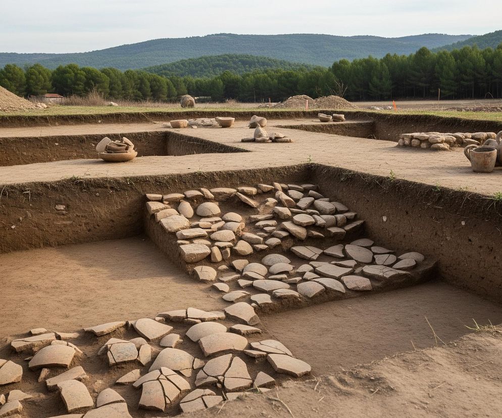 Poniżej znajduje się wykop archeologiczny ukazujący odsłonięte warstwy ziemi oraz artefakty. W centrum obrazu widoczne są prostokątne wgłębienia w ziemi, tworzące rodzaj labiryntu. Na ich dnie oraz krawędziach leżą liczne fragmenty ceramiki i kamienie, niektóre ułożone w skupiska. Na wyższym poziomie, pośrodku prawego planu, leży duża gliniana amfora i kilka mniejszych naczyń. W tle widać pole, za którym rośnie gęsty las, a w oddali majaczą zalesione wzgórza pod jasnym, zachmurzonym niebem.