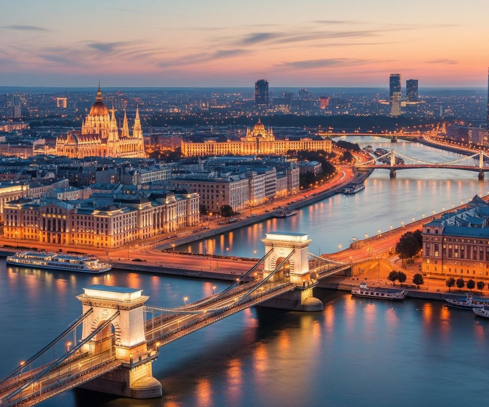 Panoramiczny widok miasta o zmierzchu, z dominującym na pierwszym planie mostem łańcuchowym z podświetlonymi pylonami i linami, przecinającym rzekę. Po obu stronach rzeki rozciągają się podświetlone budynki, z Pałacem Parlamentu po lewej stronie, wyróżniającym się kopułą i iglicami, oraz nowocześniejszymi wieżowcami w tle po prawej. Na wodzie widoczne są barki i statki, a na drogach smugi świetlne samochodów, świadczące o ruchu ulicznym. Niebo, w odcieniach pomarańczu i błękitu, stopniowo przechodzi od jaśniejszego horyzontu do ciemniejszego zenitu.