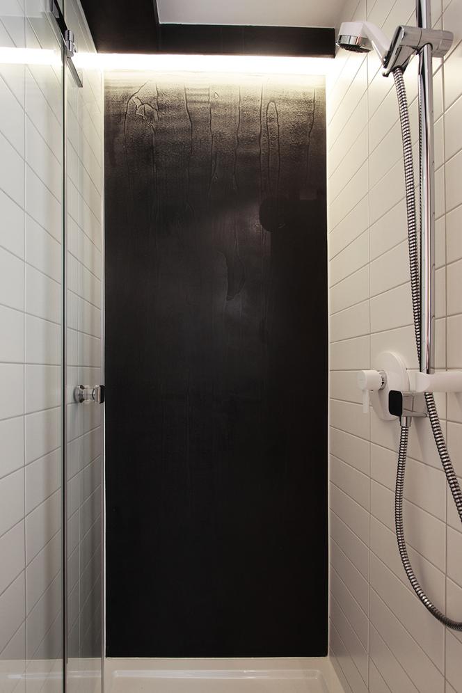 Ciemna ściania w prysznicu w łazience w kawalerce
