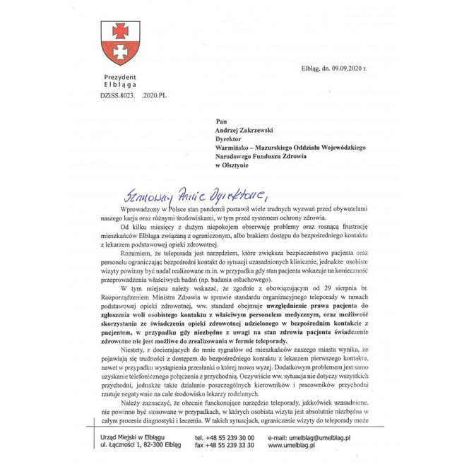 Pismo do Dyrektora Warmińsko – Mazurskiego Oddziału Wojewódzkiego Narodowego Funduszu Zdrowia