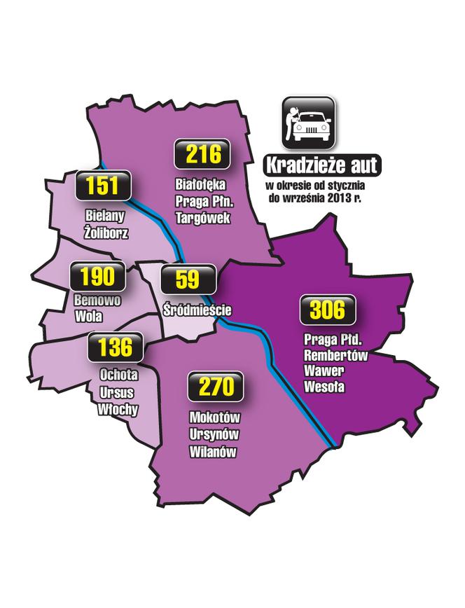 Warszawa - kradzieże aut (okres od stycznia do września 2013 r.)