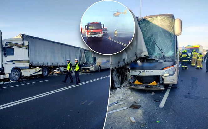 Potworne zderzenie autokaru z tirem. 12 osób rannych, na miejscu śmigłowiec 