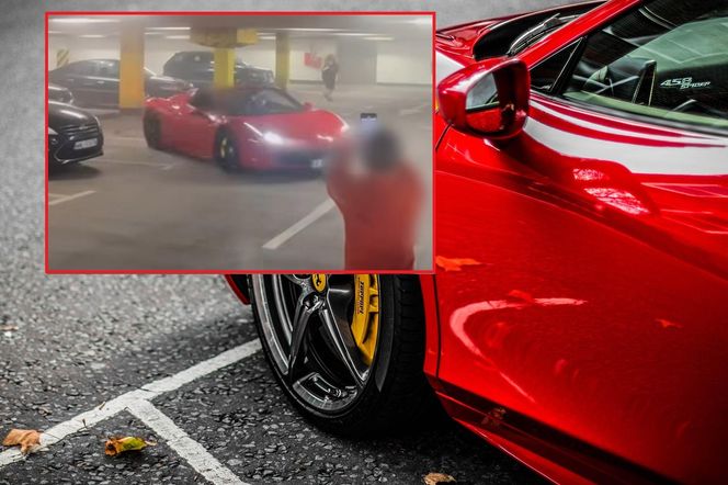 Influencer driftował na parkingu podziemnym. Uszkodził swoje Ferrari i zaparkowanego Forda, po czym odjechał 