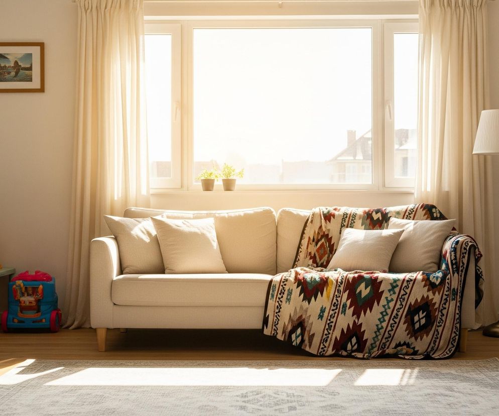 Jasna, beżowa sofa z kremowymi poduszkami stoi na drewnianej podłodze, a na niej leży kolorowy koc z geometrycznymi wzorami w odcieniach brązu, czerwieni, turkusu i beżu. Za sofą znajduje się duże okno z białymi ramami i jasnymi, półprzezroczystymi zasłonami, przez które wpada intensywne światło słoneczne, rozjaśniając pomieszczenie. Po prawej stronie sofy widoczna jest stojąca lampa z białym, plisowanym abażurem i metalową, złotawą podstawą, natomiast po lewej stronie, obok małej szafki, leżą różnobarwne zabawki, w tym czerwona ciężarówka i niebieski pojemnik. Na beżowej ścianie, w lewym górnym rogu, wisi obraz w drewnianej ramie przedstawiający pejzaż, a na oknie stoją dwie małe doniczki z roślinami. Całość uzupełnia jasnoszary dywan z delikatnym wzorem, leżący na podłodze przed sofą, na który padają wyraźne cienie.