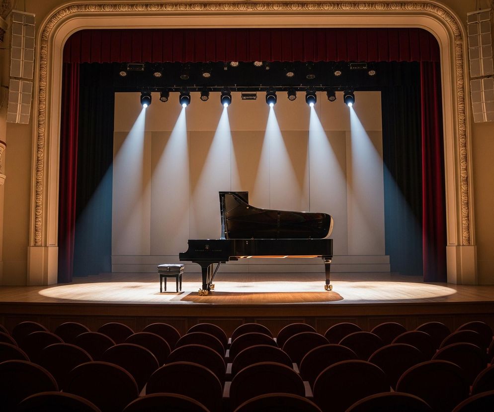 Na oświetlonej scenie, w centralnym punkcie, stoi czarny fortepian na lśniącej drewnianej podłodze, a obok niego widoczny jest szary taboret. Scena otoczona jest ciemnoczerwonymi, marszczonymi zasłonami i białymi panelami w tle, podświetlonymi przez pięć skierowanych w dół reflektorów. Dolna część kadru wypełniają rzędy ciemnoczerwonych foteli widowni, natomiast po bokach sceny widoczne są zdobione balkony z rurami organowymi i elementami akustycznymi.