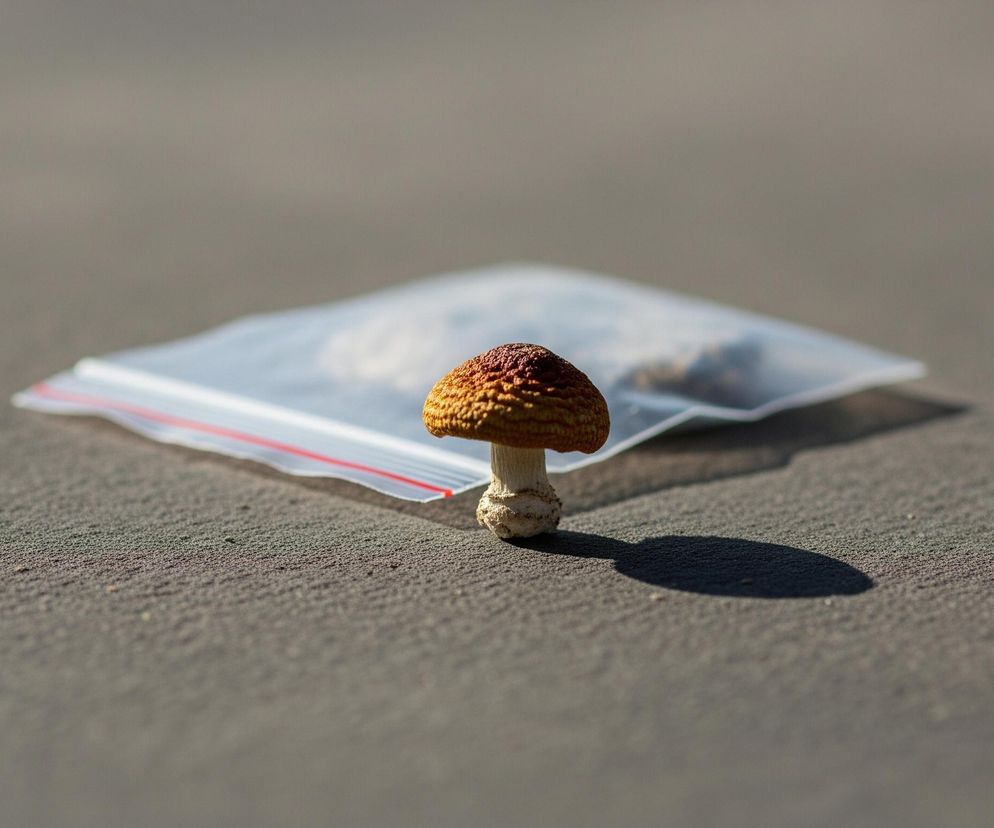 W centrum obrazu znajduje się pojedynczy grzyb z brązowo-pomarańczowym kapeluszem o szorstkiej teksturze i jasną, grubą nóżką. Grzyb rzuca wyraźny, ciemny cień na szaro-brązową, ziarnistą powierzchnię, na której stoi. Nieco za grzybem leży przezroczysta, plastikowa torebka strunowa z czerwonym paskiem, zawierająca rozdrobnione, ciemne grudki. Tło jest nieostre, jednolite i szare, a światło pada z lewej strony, oświetlając scenę.