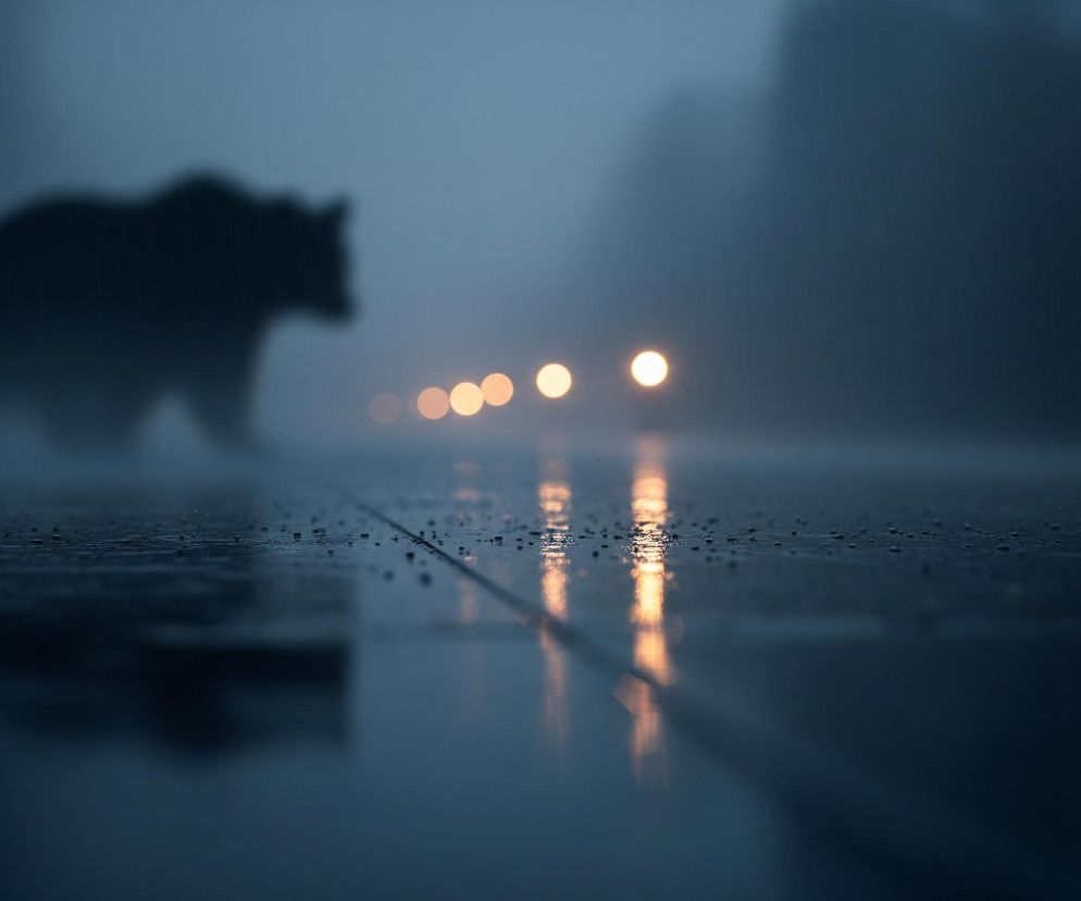 Sylwetka niedźwiedzia widoczna jest po lewej stronie kadru, zamazana i czarna, na tle mglistej, niebieskawo-szarej scenerii. Droga pokryta jest licznymi, drobnymi kroplami wody, odbijającymi pomarańczowe światła ustawione w oddali, tworząc długie, rozmazane refleksy. Całość sprawia wrażenie ponurej, deszczowej nocy, gdzie jedynymi wyraźnymi elementami są wspomniane odbicia i ogólny zarys zwierzęcia.