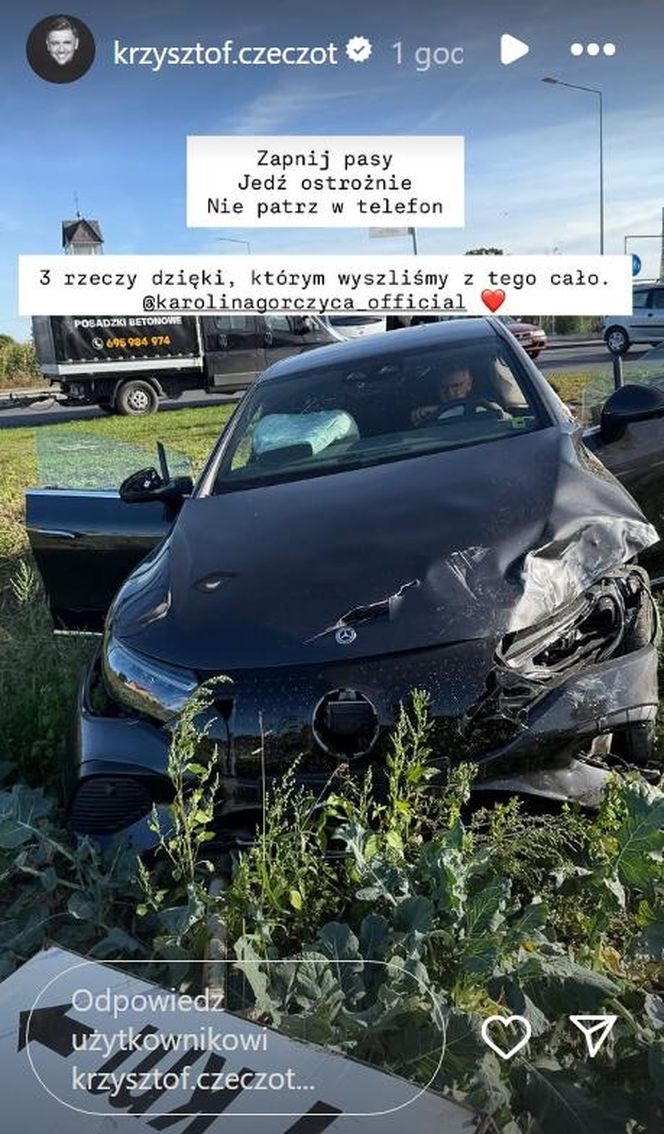 Karolina Gorczyca dziękuje Bogu i służbom. Tak wygląda merc Czeczota po wypadku