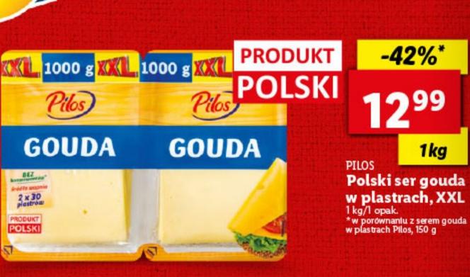 Ser żółty gouda w plastrach Pilos XXL - 12,99 zł/1 kg