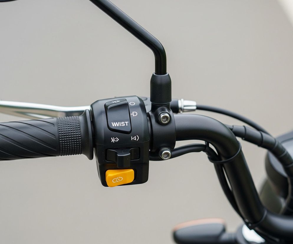 Na pierwszym planie widoczna jest kierownica motocykla w kolorze czarnym, z czarną, gumową manetką po lewej stronie, pokrytą karbowanymi i skośnymi wzorami. Tuż za manetką znajduje się czarny przełącznik z białymi symbolami i napisem WIST, oraz pomarańczowy przycisk z ikoną kłódki u dołu. Powyżej wystaje metalowa, srebrna dźwignia. Od przełącznika odchodzi czarne ramię lusterka, skierowane w górę i w lewo. Tło stanowi rozmyta, szara nawierzchnia drogi z widocznym białym pasem po prawej stronie oraz zielonym fragmentem po skrajnej prawej stronie.