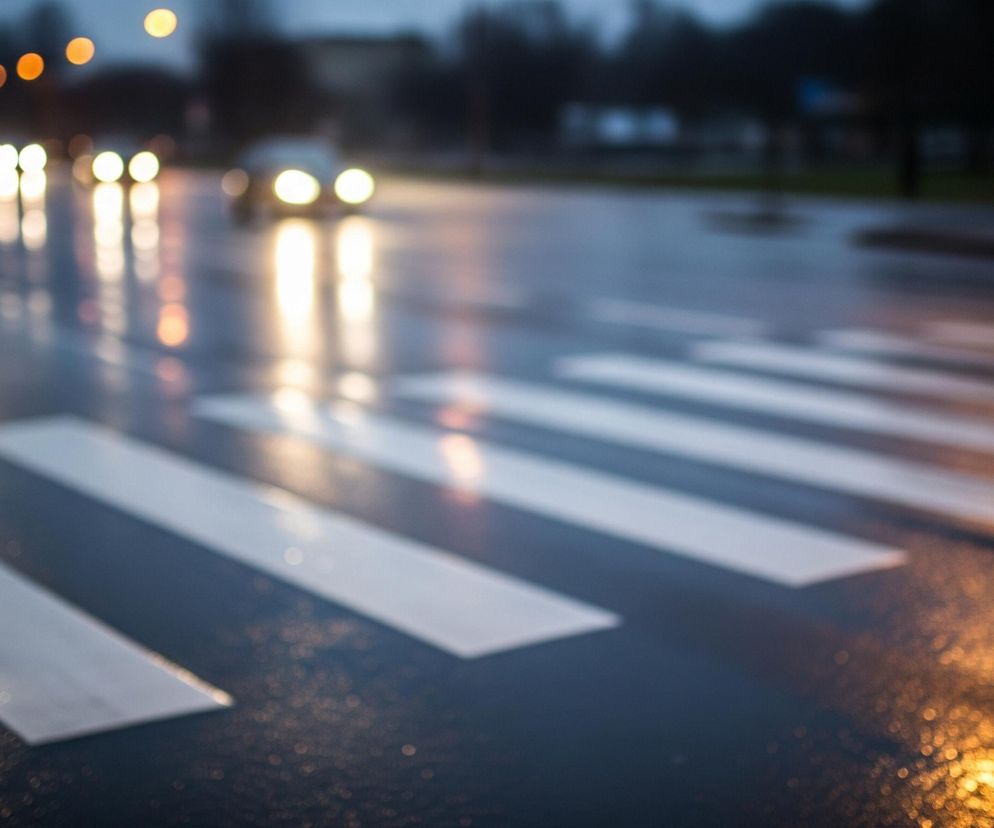 Na pierwszym planie widoczna jest mokra nawierzchnia ulicy z białymi pasami przejścia dla pieszych, które odbijają światło. W tle, rozmyte i niewyraźne, jadą samochody z włączonymi światłami, tworząc podłużne smugi światła na jezdni. Światła uliczne i pojazdów generują ciepłe, pomarańczowe i czerwone okręgi, a także zielone, rozświetlające ciemne tło miejskiego krajobrazu. Dominują odcienie szarości, granatu i czerni, przełamane intensywnymi punktami świetlnymi.