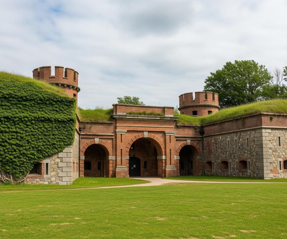 Przedstawiona budowla fortyfikacyjna zajmuje centralną część kadru, z rozległym trawnikiem na pierwszym planie. Obiekt charakteryzuje się murami z czerwonej cegły i szarego kamienia, częściowo pokrytymi intensywnie zielonym bluszczem. Na dachu i zboczach fortyfikacji rośnie gęsta, zielona trawa, a na horyzoncie widoczne są liściaste drzewa. Niebo jest częściowo zachmurzone, z fragmentami błękitu prześwitującymi między obłokami.