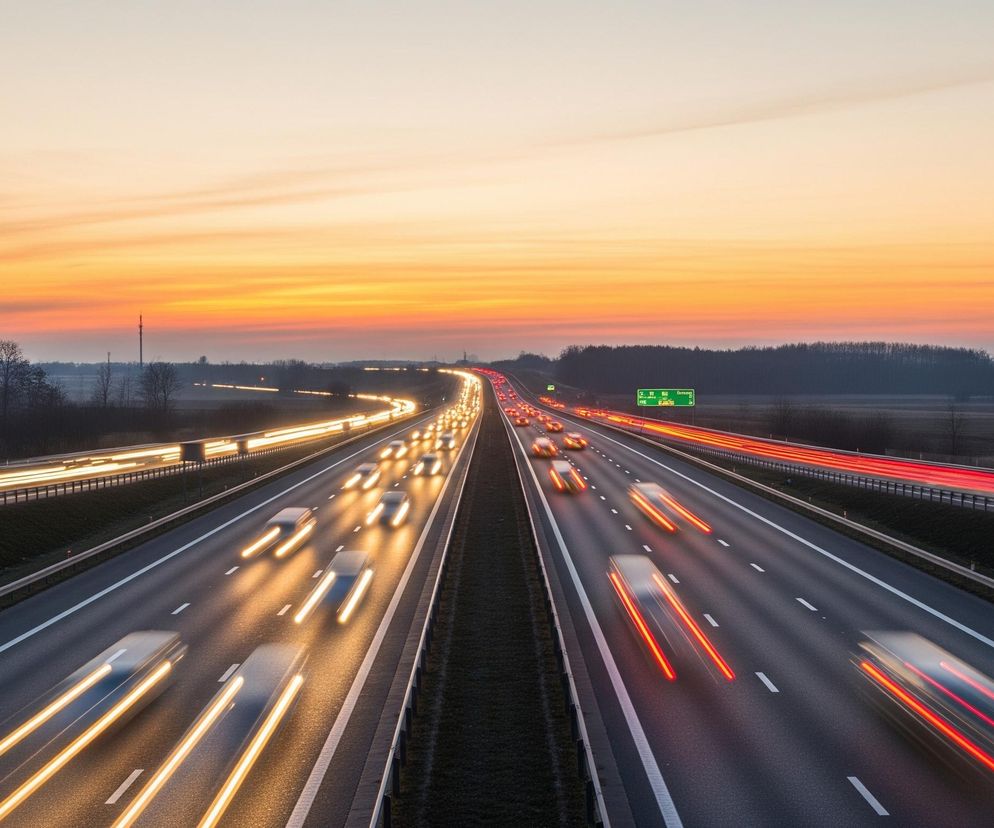 Długotrwała ekspozycja ukazuje ruch samochodów na autostradzie o zachodzie słońca. Autostrada biegnie przez środek kadru, rozdzielając się na dwa pasy ruchu, każdy z kilkoma jezdniami, oddzielone pasem zieleni. Samochody jadące w lewo pozostawiły za sobą smugi pomarańczowo-żółtego światła od reflektorów, podczas gdy te jadące w prawo mają smugi czerwonych świateł tylnych. Horyzont dominuje jaskrawe, pomarańczowo-różowe niebo, stopniowo przechodzące w jaśniejsze odcienie żółci i bieli ku górze, natomiast po obu stronach drogi widać ciemne sylwetki lasów i pól.