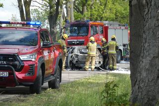 Zwęglone zwłoki w elektrycznym oplu. Samochód uderzył w drzewo i stanął w płomieniach