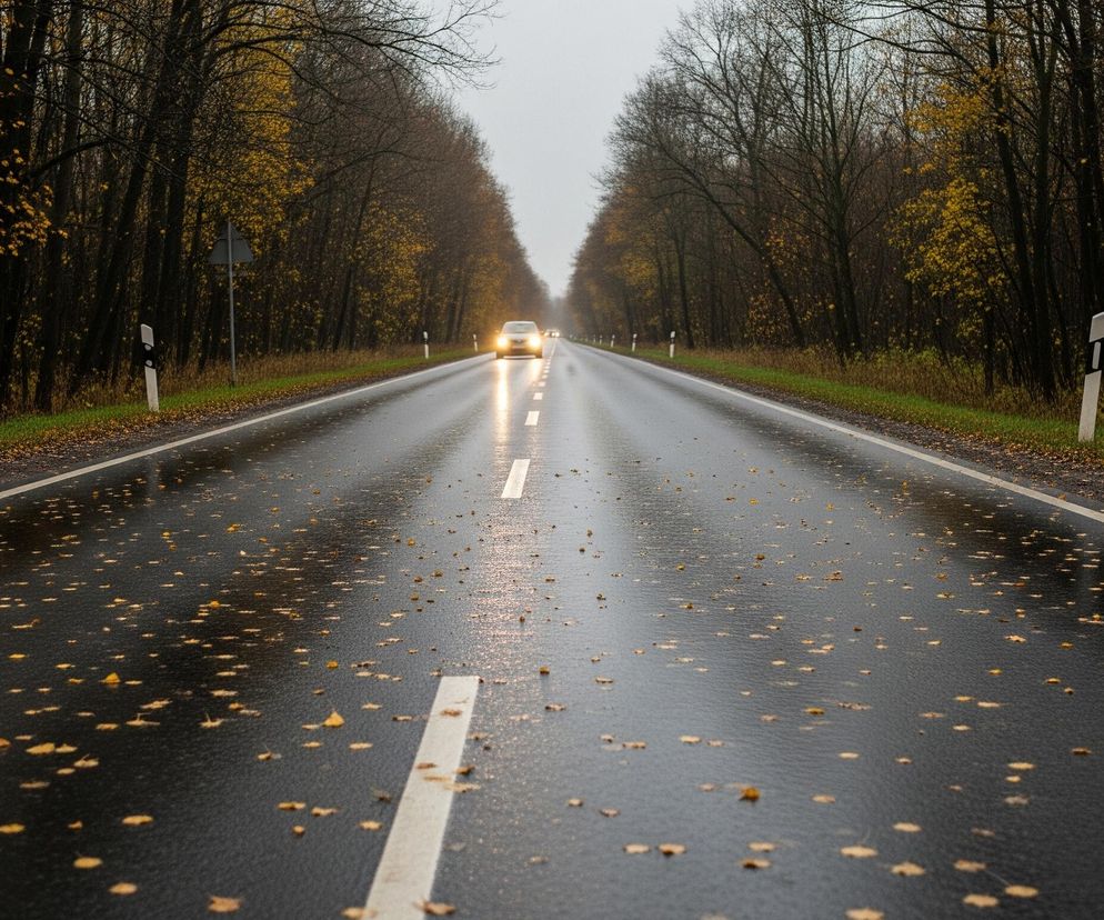 Mokry asfalt szosy rozciąga się w głąb obrazu, znikając w oddali. Na jej powierzchni rozsypane są liczne żółte liście, a pośrodku widoczna jest przerywana biała linia. Z oddali nadjeżdża samochód z włączonymi, jasnymi światłami. Po obu stronach drogi rosną gęste drzewa z pojedynczymi, jeszcze żółtymi liśćmi, tworząc ciemną ścianę, a w tle widać zachmurzone, jasne niebo. Na poboczu po prawej stronie, blisko kamery, stoi biały słupek z dwoma czarnymi pasami.