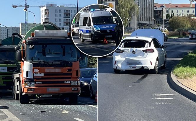 Szambiarka rozszczelniła się po zderzeniu z oplem. Kobieta trafiła do szpitala.