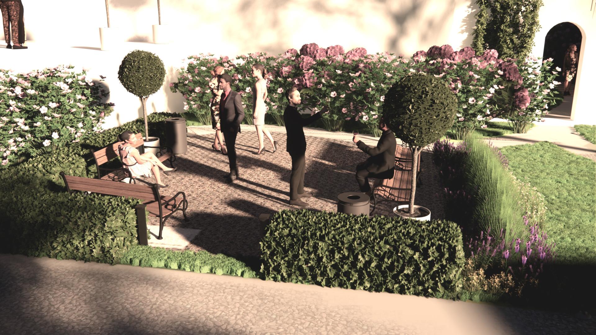 Wizualizacja placu wypoczynkowego przy wejściu do dolnej sali okolicznościowej