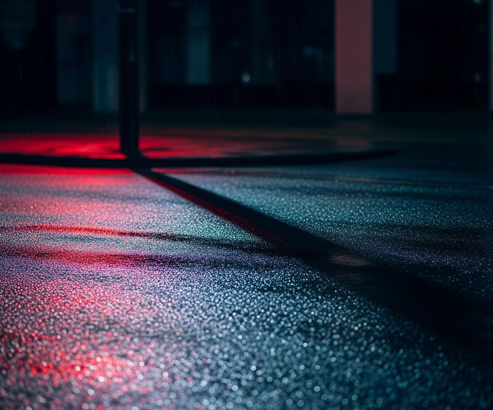 Na pierwszym planie widoczna jest mokra nawierzchnia pokryta licznymi drobnymi kroplami, odbijającymi światło w kolorach czerwieni i błękitu. Czerwień dominuje po lewej stronie obrazu, a błękit po prawej, przechodząc w ciemniejsze tony w oddali. Przez środek biegnie ciemna linia, która jest cieniem pionowego słupa, znajdującego się w centrum kadru, rozdzielając świetlne refleksy. W tle zarysy budynków lub kolumn są słabo widoczne w ciemności, delikatnie rozświetlone bladym światłem.