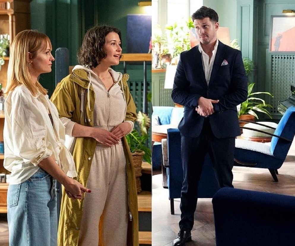 Ola Zamilska (Michalina Robakiewicz) i Gosia (Dominika Banaszek) w hotelu obok Justina (Jasper Sołtysiewicz) w granatowym garniturze. Scena z serialu Barwy szczęścia, odcinek 3243. Więcej informacji o serialach znajdziesz na Super Seriale.