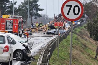 Kłody drewna spadły na samochody Poważny wypadek na DK11