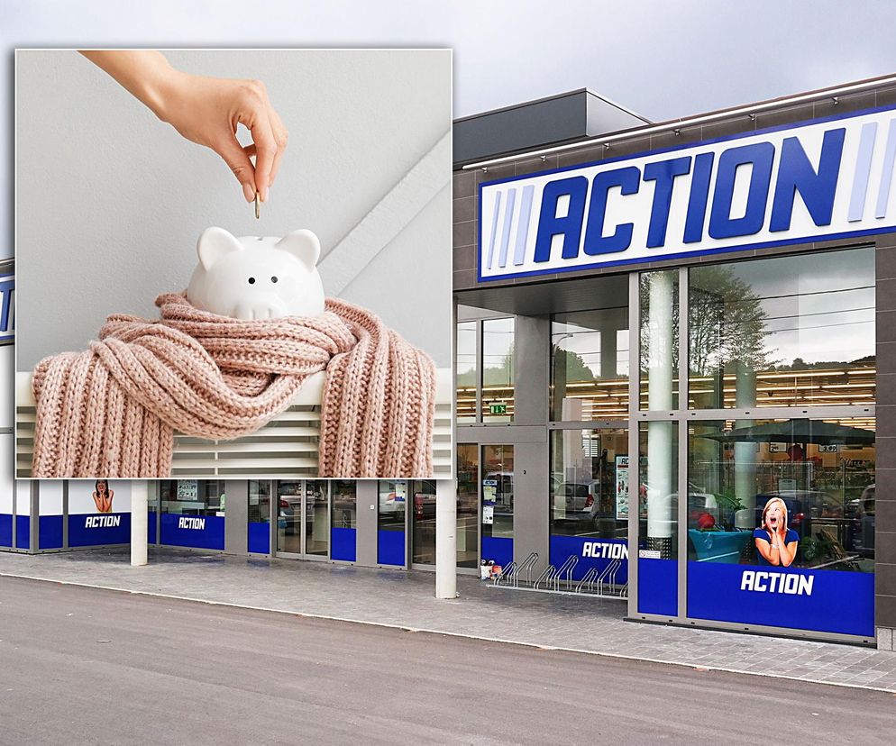 Budynek sklepu Action z niebieskim logo i wejściem. Powyżej wstawka z dłonią wrzucającą monetę do skarbonki-świnki, owiniętej szalikiem na grzejniku. Folia izolacyjna z Action to sprytny patent na niższe rachunki za ogrzewanie, o którym przeczytasz na Super Biznes.