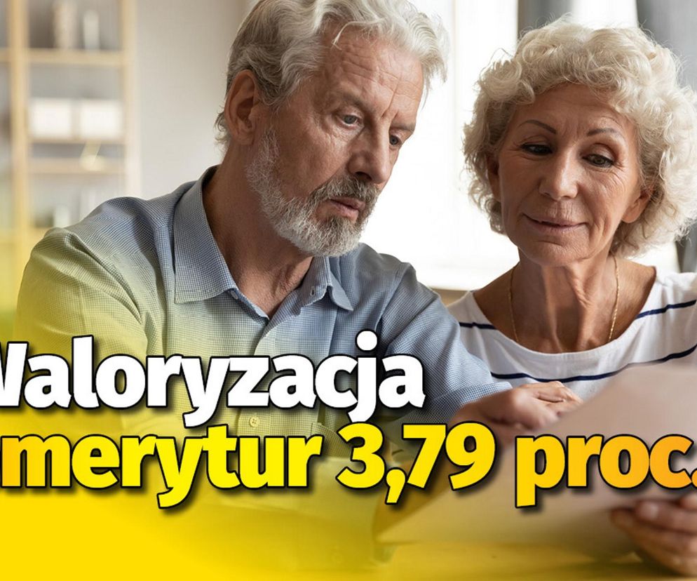 Para seniorów analizuje dokumenty finansowe. Mężczyzna z siwą brodą i kobieta z kręconymi włosami. Na tle biurka oraz regału. Na pierwszym planie biały napis Waloryzacja emerytur 3,79 proc.. Więcej o waloryzacji przeczytasz na Super Biznes.