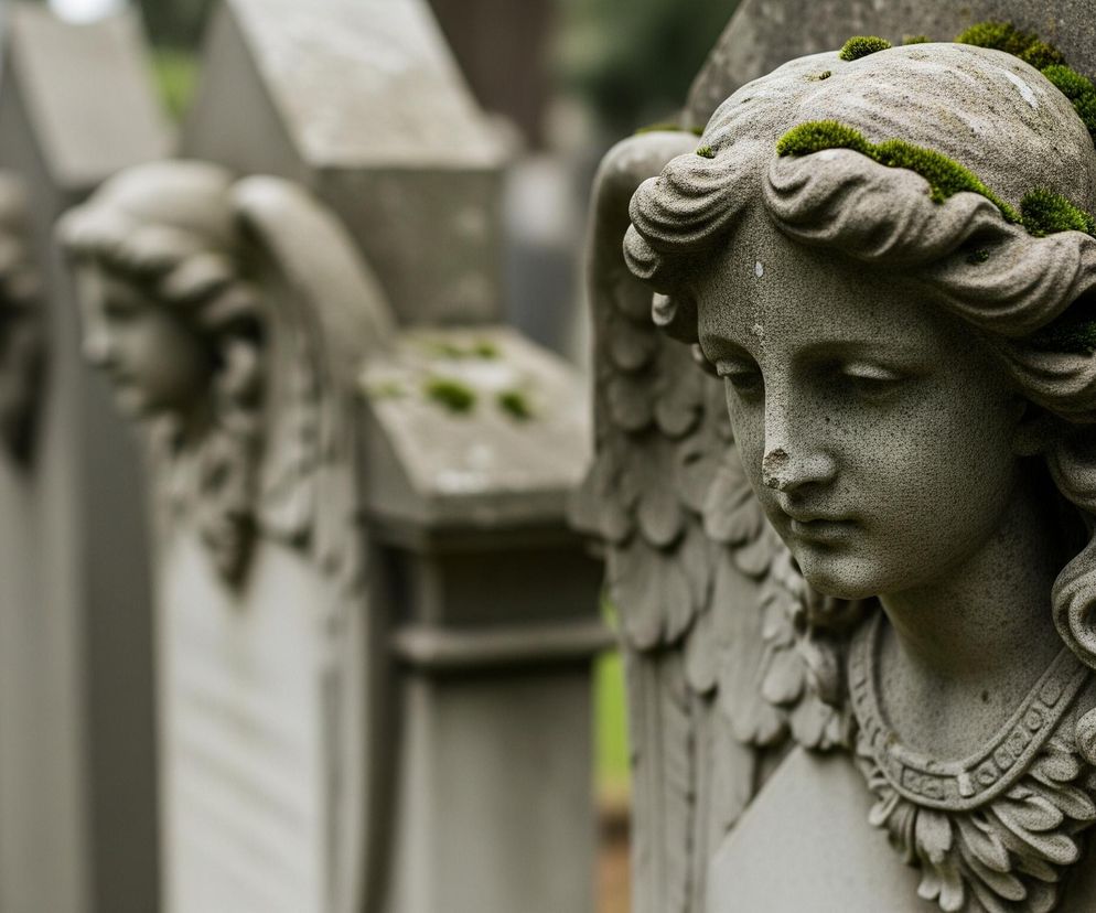 Kamienna rzeźba anioła o szorstkiej fakturze dominuje prawą stronę kadru, z delikatnie opuszczoną głową i zamkniętymi oczami, zwróconą w lewo. Jej włosy i część skrzydeł porośnięte są jasnozielonym mchem, tworzącym kontrast z szarą powierzchnią kamienia. W tle, po lewej stronie, widać szereg podobnych, lecz nieostrych, szarych nagrobków, częściowo zasłoniętych przez anioła w pierwszym planie.