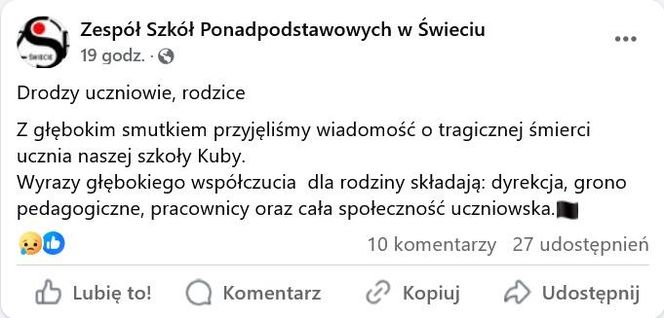 Szkoła żegna tragicznie zmarłego Kubę. Wszyscy płączą. „Z głębokim smutkiem przyjęliśmy wiadomość”