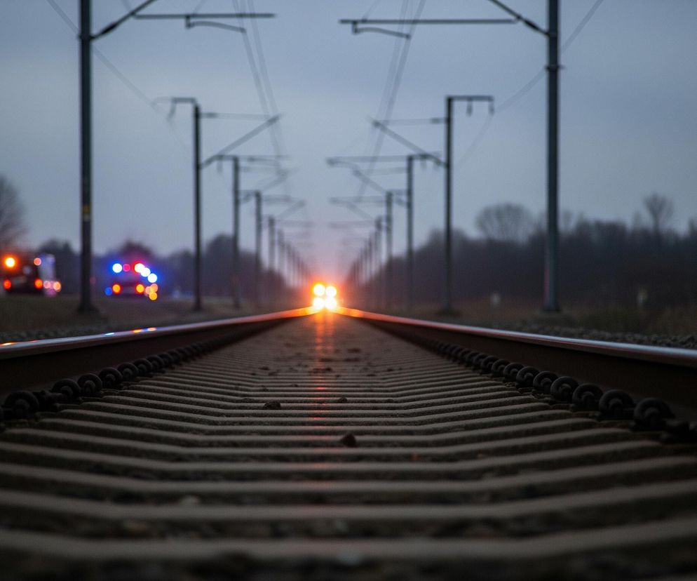 Poniżej widoczne są dwa rzędy torów kolejowych ułożonych na podkładach, biegnące prosto w głąb obrazu i zbiegające się w oddali, gdzie widać jasne, pomarańczowo-żółte światła pociągu. Po obu stronach torów rozciąga się ciemny, niewyraźny krajobraz z zarysami drzew i słupów trakcji elektrycznej, które również zbiegają się w perspektywie. Po lewej stronie w oddali świecą rozmyte, czerwone i niebieskie światła pojazdu, co może wskazywać na obecność służb ratunkowych. Całość skąpana jest w szarym, zamglonym świetle zmierzchu.