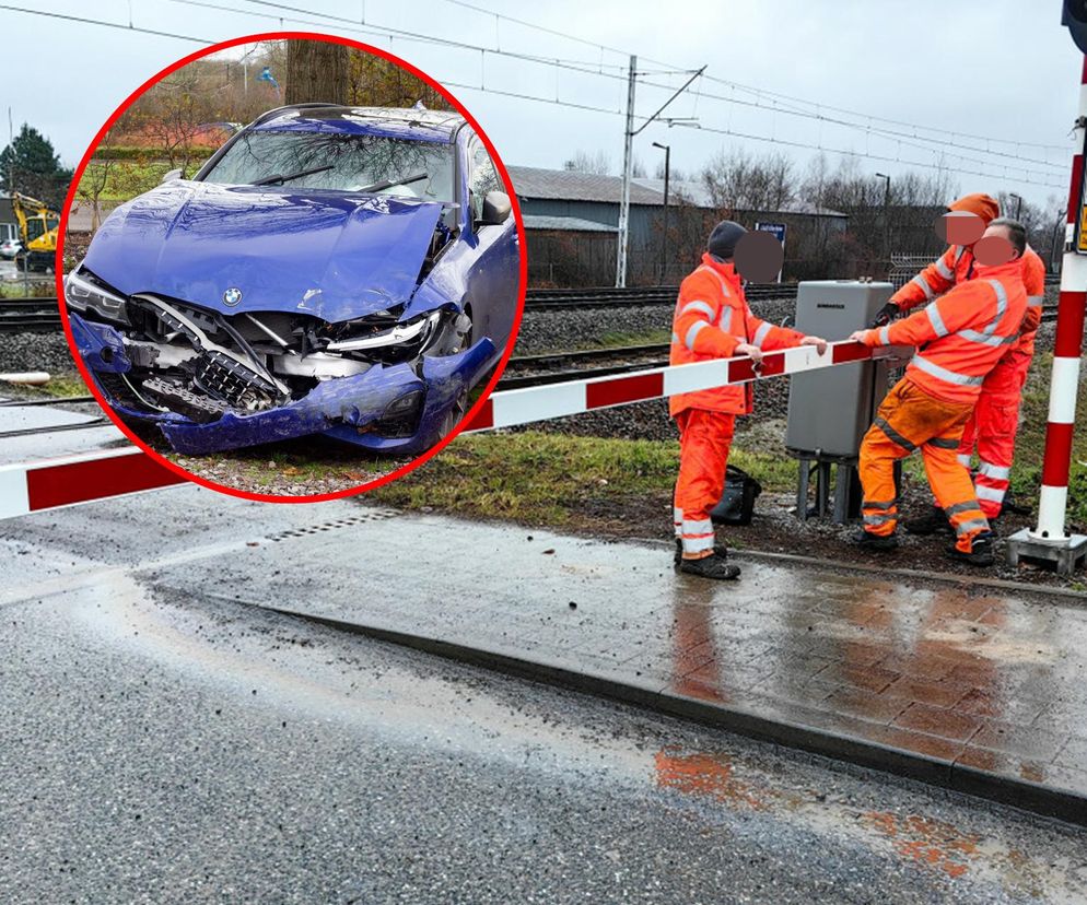 Wyprzedzał na przejeździe kolejowym. Kierowca bmw z impetem wjechał w szlaban