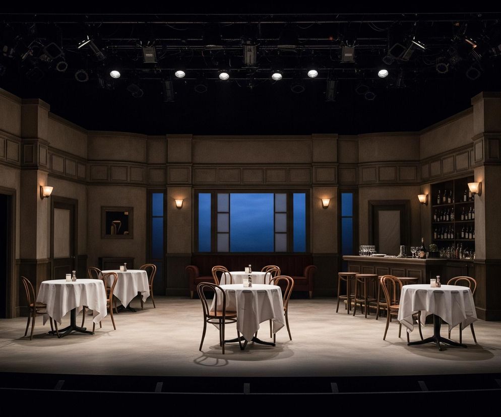 Przestronna scena teatralna przedstawia wnętrze restauracji lub baru, oświetlone ciepłym, żółtym światłem. Na pierwszym planie rozmieszczonych jest sześć stołów z białymi obrusami, każdy z dwoma lub trzema drewnianymi krzesłami, oraz solniczką i pieprzniczką na blacie. W tle, po prawej stronie, znajduje się ciemnobrązowy bar z wysokimi stołkami i półkami wypełnionymi butelkami, natomiast po lewej stronie widoczne są dwie kanapy i okna z niebieskim tłem imitującym nocne niebo. Całość scenografii utrzymana jest w stonowanych odcieniach beżu, brązu i szarości, ze zdobionymi panelami na ścianach.