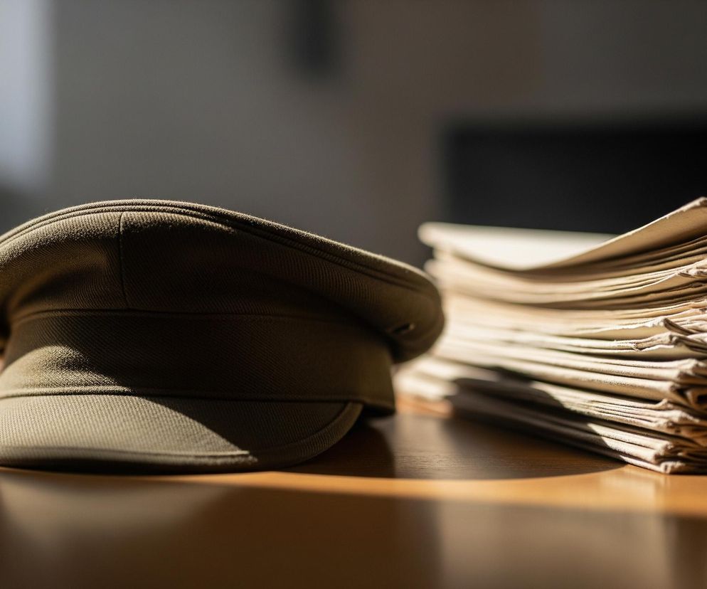 Na drewnianym stole leży zielona czapka wojskowa z daszkiem, skierowana w lewo, z wyraźnym cieniem padającym na stół. Obok czapki, po prawej stronie, znajduje się wysoki stos jasnobrązowych dokumentów lub teczek, częściowo w cieniu. Tło jest rozmyte, ciemne, z jaśniejszym obszarem w górnym lewym rogu, prawdopodobnie będącym oknem wpuszczającym światło.