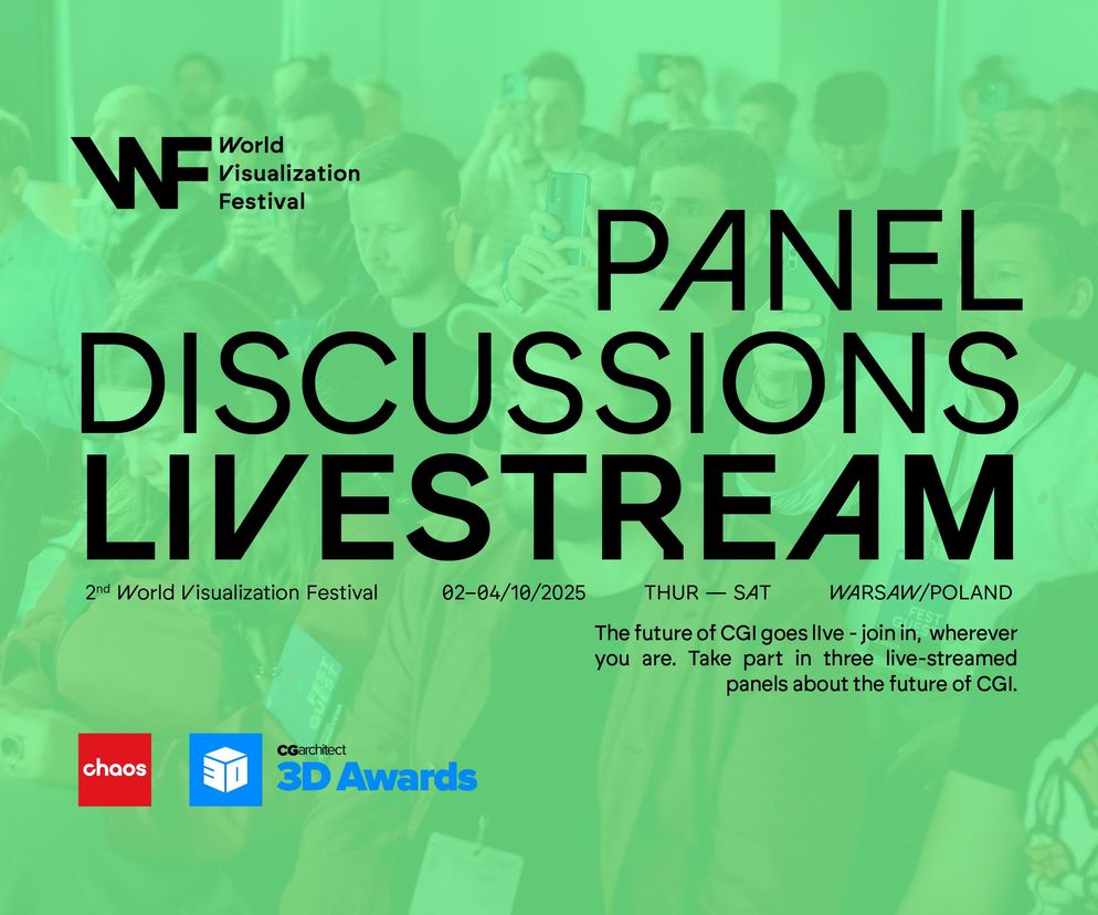 Plakat festiwalowy z logo World Visualization Festival i napisem PANEL DISCUSSIONS LIVESTREAM. W tle widać niewyraźne sylwetki uczestników wydarzenia. Na plakacie data 02-04/10/2025 oraz informacja o transmisji paneli dyskusyjnych o przyszłości CGI. Więcej na Architektura Murator Plus.