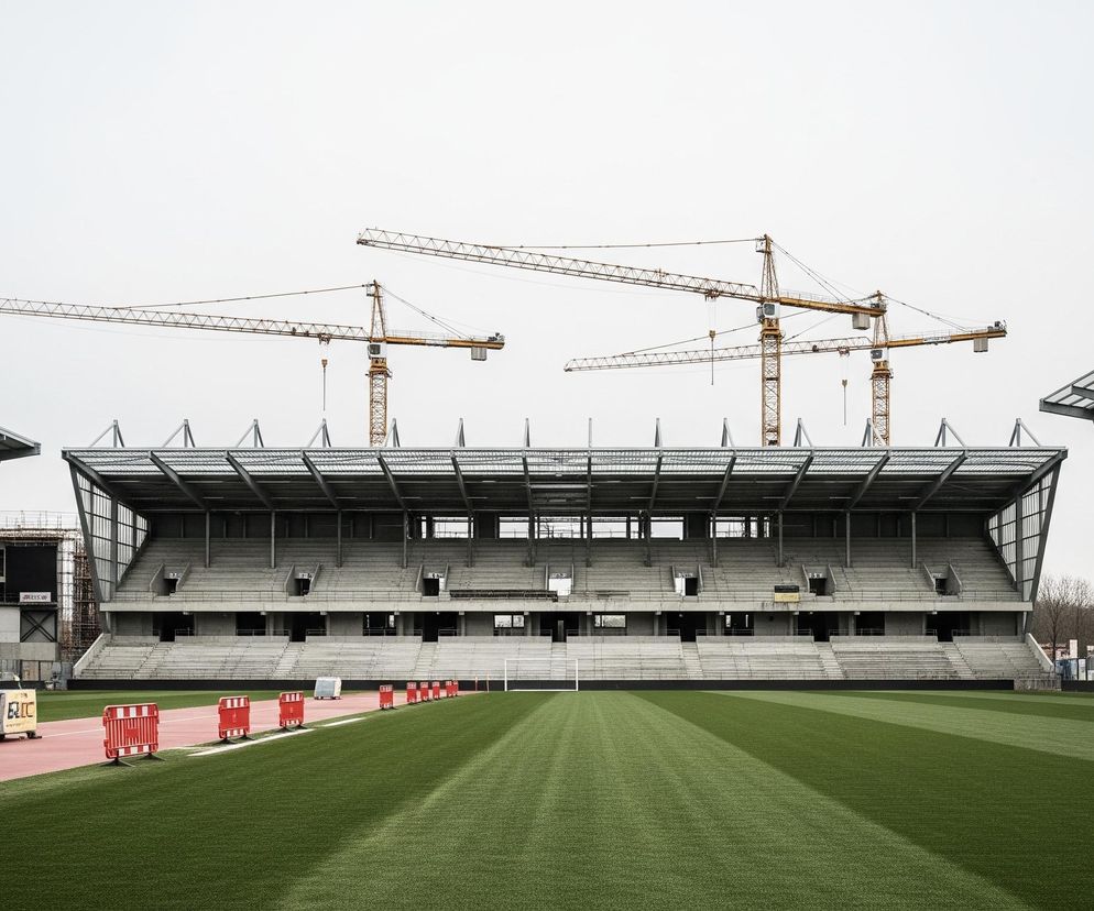 Boisko piłkarskie ze sztuczną trawą zajmuje dolną część kadru, z wyraźnymi pasami jaśniejszej i ciemniejszej zieleni. Wokół boiska rozciąga się czerwona bieżnia, oddzielona od murawy białymi liniami, a wzdłuż niej ustawiono kilka czerwono-białych barier ochronnych. Na środku bieżni po lewej stronie znajduje się żółty kontener.

W tle widoczne są trybuny stadionu, częściowo wyposażone w biało-niebieskie siedzenia po lewej i prawej stronie, natomiast centralna część trybun jest w trakcie budowy, z widocznymi betonowymi konstrukcjami bez siedzeń. Nad trybunami wznoszą się trzy żółte dźwigi budowlane na tle jasnego, zachmurzonego nieba. Na skraju stadionu po lewej i prawej stronie widoczne są maszty z reflektorami.