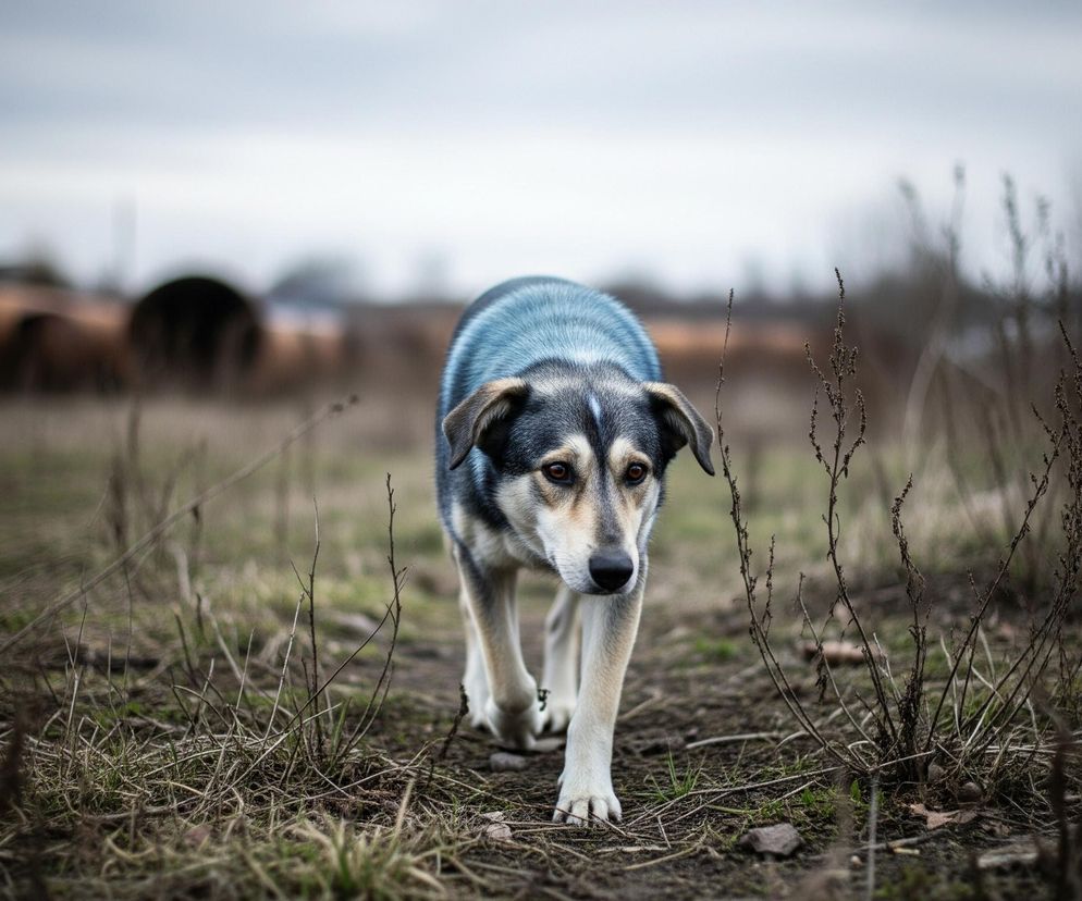 Pies o trójkolorowej sierści, dominującej szarej z ciemniejszymi partiami na grzbiecie i głowie oraz jasnobeżowym pyskiem i łapami, idzie ścieżką w kierunku widza. Na pysku widoczna jest biała smuga biegnąca od czoła do nosa, a oczy psa są brązowe. Tło stanowi rozmyty krajobraz z suchymi trawami i gałęziami po bokach ścieżki oraz niewyraźnymi obiektami przemysłowymi w oddali pod szarym, zachmurzonym niebem.
