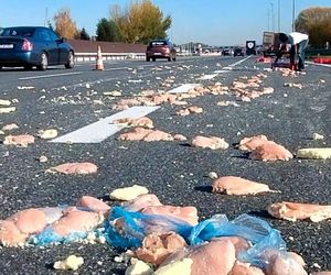 Deszcz mrożonego mięsa na autostradzie A4. Nietypowe skutki kolizji pod Krakowem