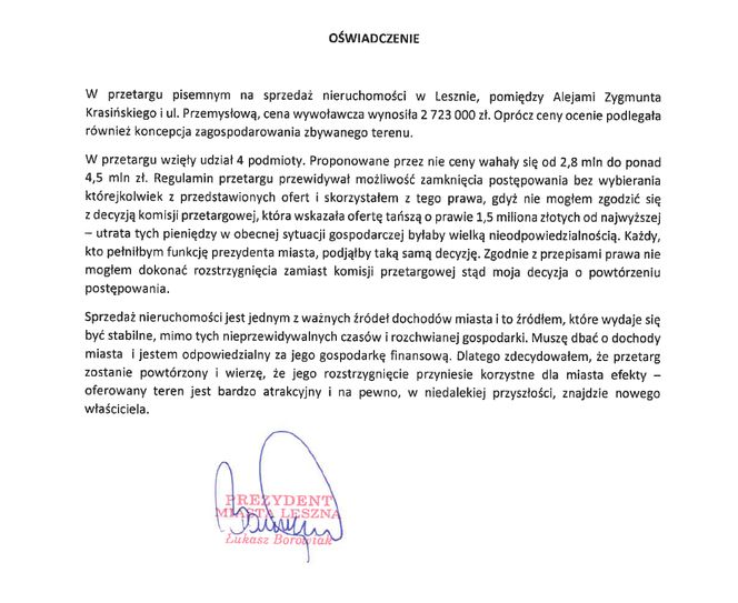 oświadczenie prezydenta Łukasza Borowiaka
