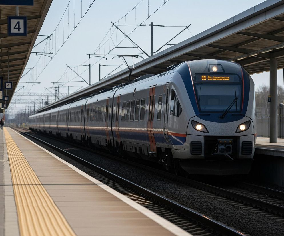 Pociąg o biało-granatowym przodzie, z jasno świecącymi reflektorami, wjeżdża na stację. Składa się z wielu wagonów, w których widoczne są rzędy okien, a jego boki są głównie szare z pomarańczowo-białymi akcentami. Peron po lewej stronie posiada żółtą, prążkowaną ścieżkę bezpieczeństwa i jest zadaszony metalową konstrukcją podpartą słupami, z której zwisają białe prostokątne tabliczki z numerem 4. Na peronie po prawej stronie widać osobę z plecakiem idącą w kierunku pociągu, a w tle zarysowuje się drzewa i wysoki budynek.